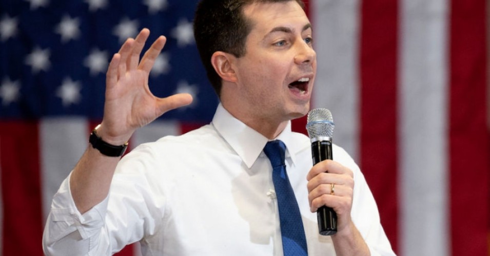 Democratic presidential candidate Pete Buttigieg speaks at a town hall event in Coralville, Iowa on Feb. 2, 2020. (Photo by Jim Watson/AFP via Getty Images)