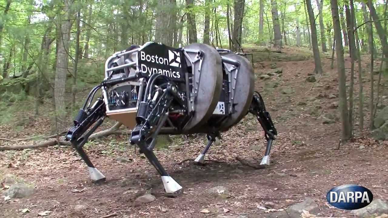  Something that nightmares are made of. BigDog, a rough-terrain robot that walks, runs, climbs, and carries heavy loads. BigDog is the size of a large dog or small mule; about 3 feet long, 2.5 feet tall and weighs 240 pounds. It was developed by Boston Dynamics with DARPA, as part of a robotic collaboration with the U.S. Army Research Laboratory. Photo: DARPA