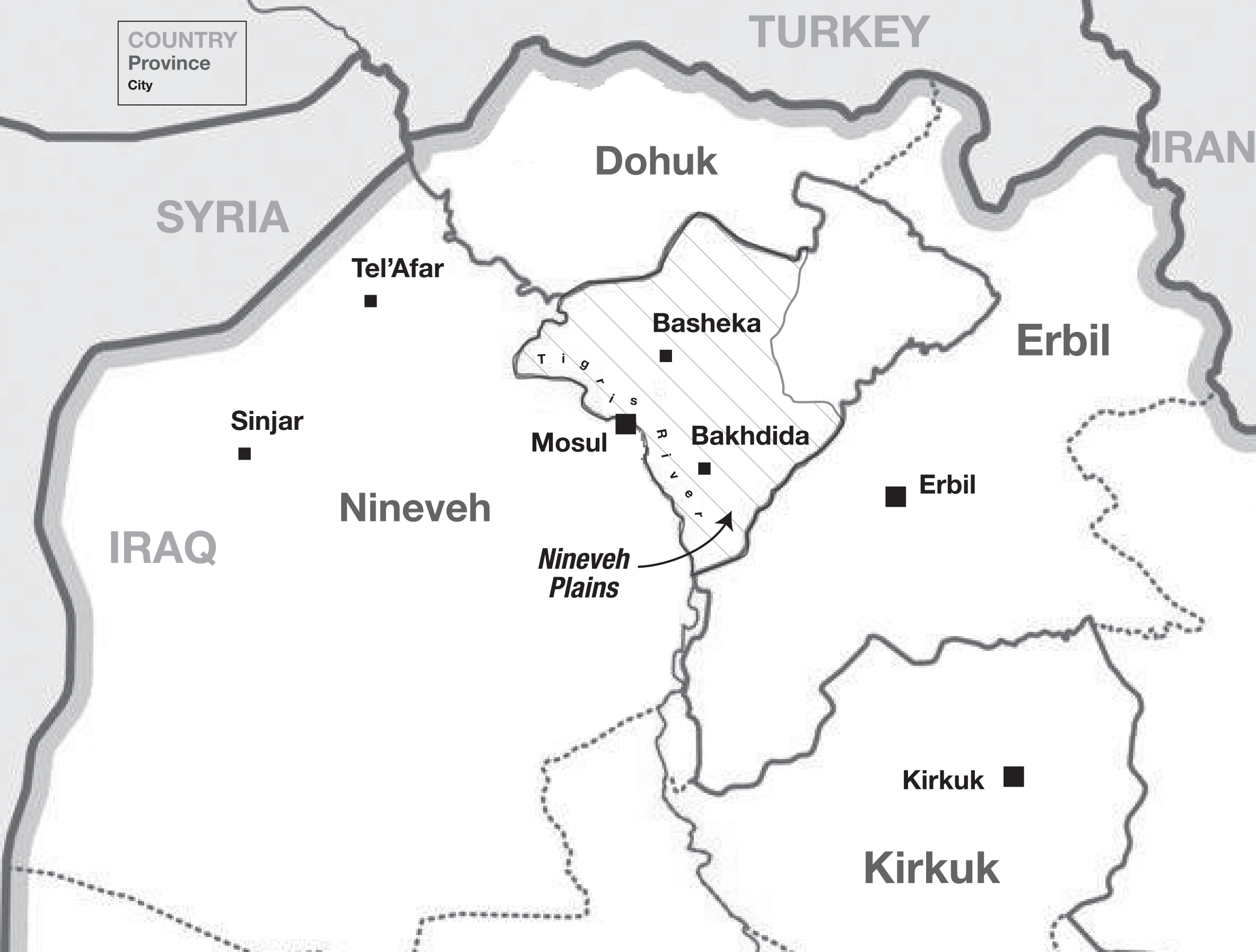 The Mosul area and areas to the east in Iraq's Nineveh Plains some of the seven women mention, as well as Erbil (also spelled "Arbil") and Kirkuk where they moved. In late July, U.S. coalition forces with regional militia pursued ISIS to the west and again civilians suffered. Map: Kristin Dooley, Wikilpedia. 