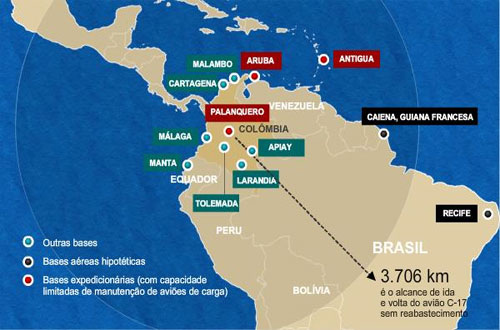 An older map from 2009 but you can see the close proximity of the bases to Venezuela. Map: Tony Seed's Weblog