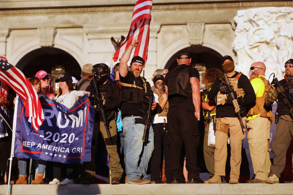 Trump supporters gather in the state capital of Pennsylvania on November 7, 2020, in Harrisburg, Pennsylvania.