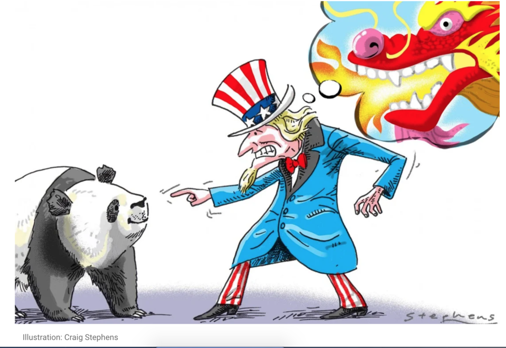 The U.S . is mocked for an exaggerated fear of China while it pokes the bear. Cartoon: Craig Stephens/ South China Morning Post