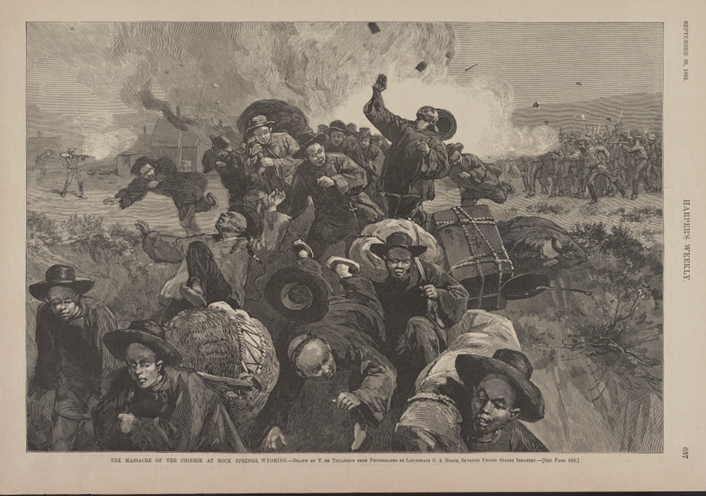In 1885, Chinese laborers were massacred in brutal and sadistic ways at Rock Springs, Wyoming. Harpers Weekly illustration.